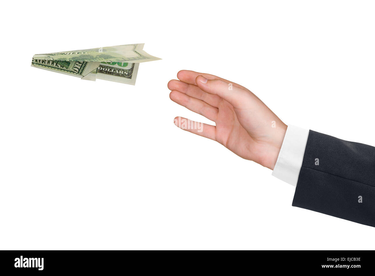 Hand and flying money plane Stock Photo Alamy