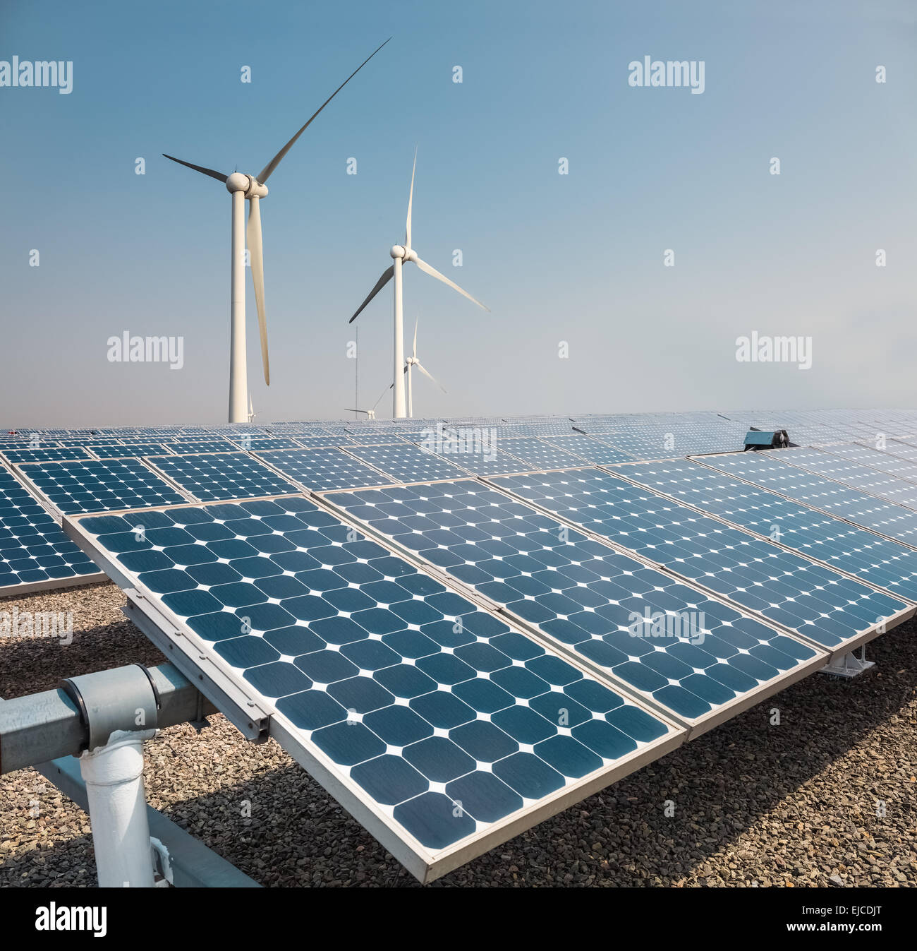 solar panels and wind power farm Stock Photo