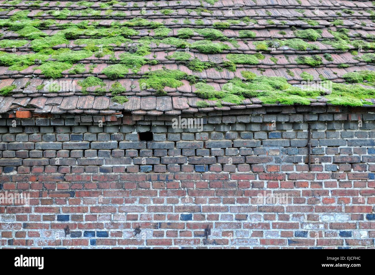 old house wall with moss-covered roof Stock Photo