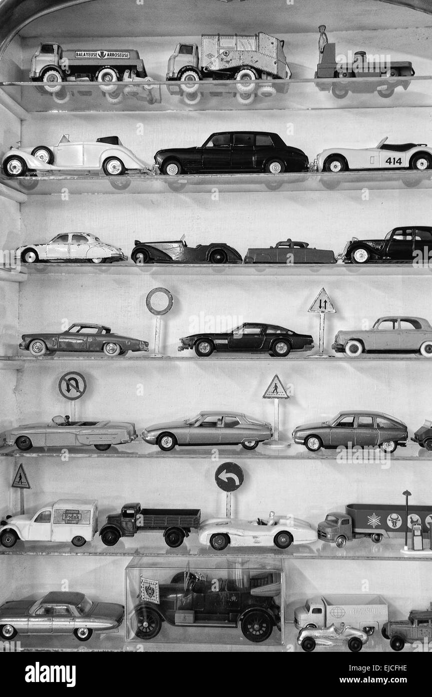 Toy cars black and white in the showcase Stock Photo