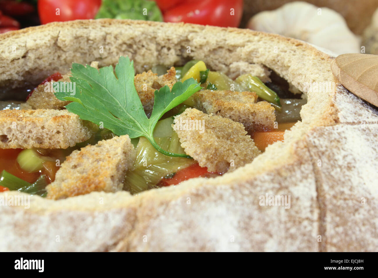 Bread soup with garlic Stock Photo