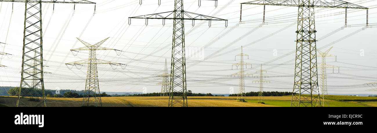 group of electric pylons in Bavaria Stock Photo