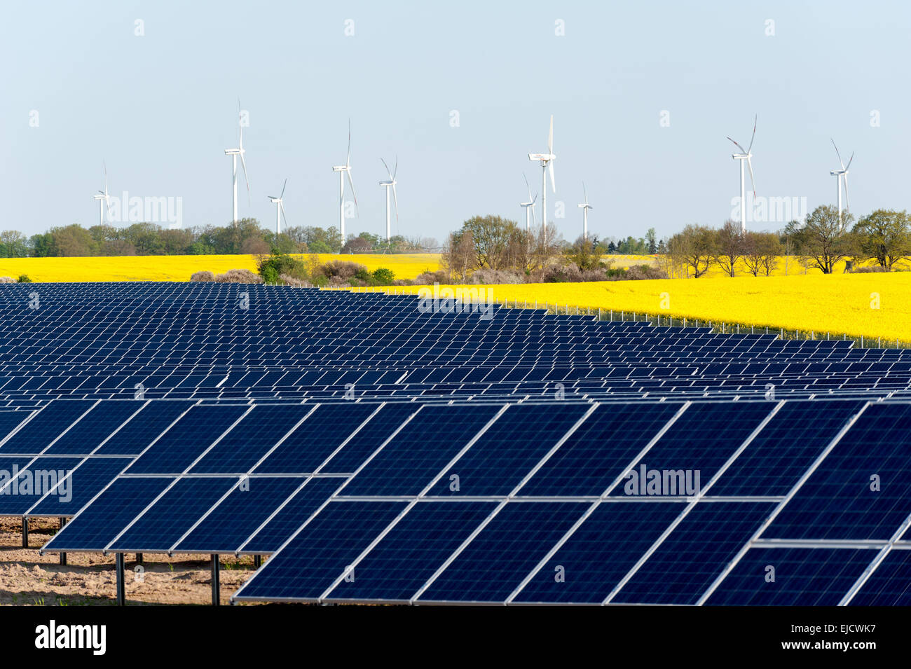 Wind turbines and solar panels Stock Photo