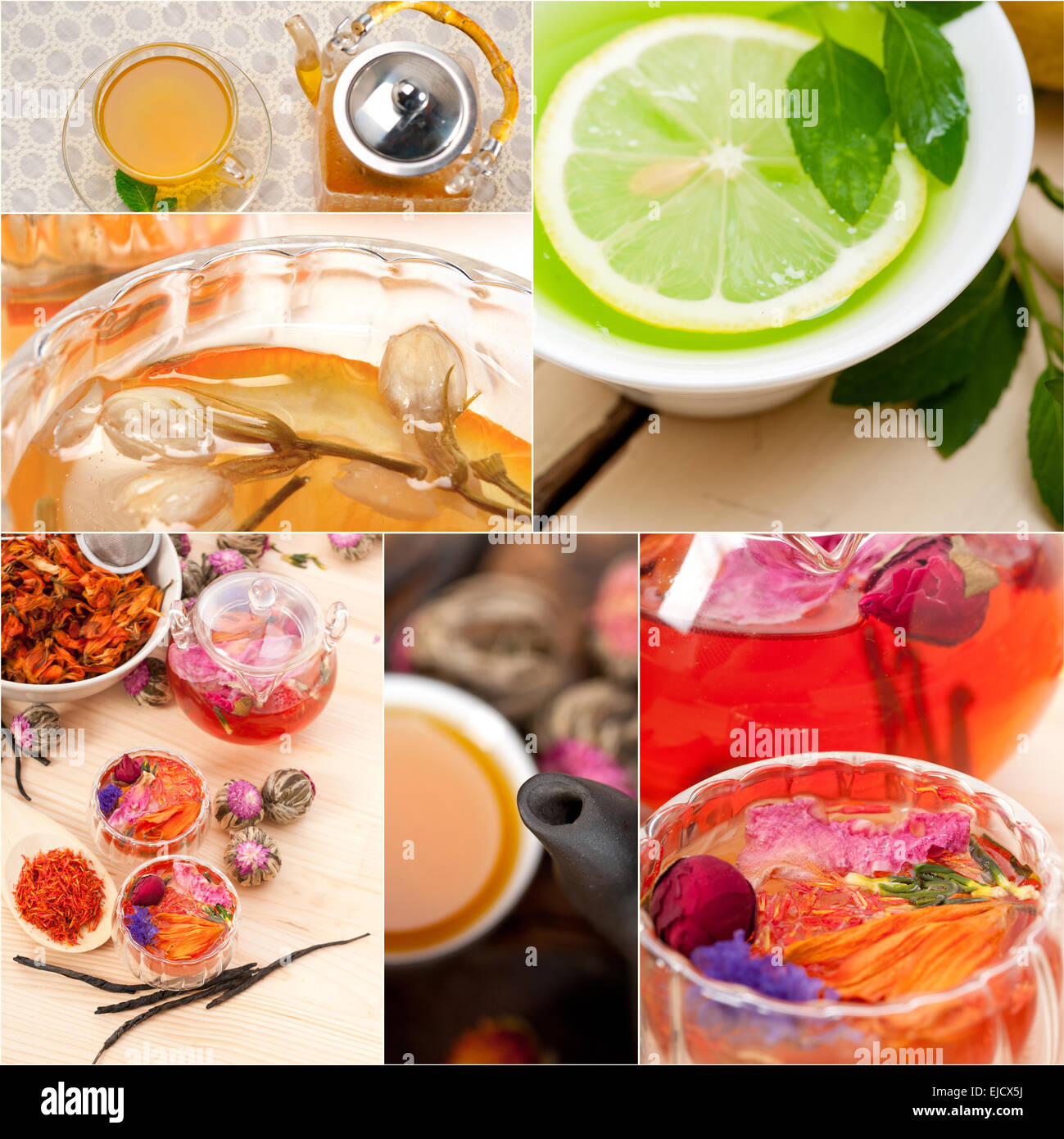 collection of different herbal tea infusion collage Stock Photo - Alamy
