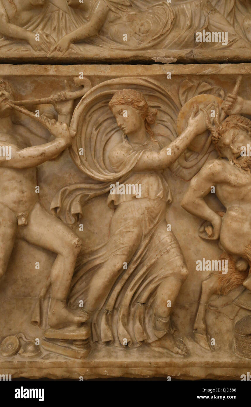 Roman art. Sarcophagus with Dionysian procession. Dancing maenad. Detail. Capitoline Museums. Rome. Italy. Stock Photo