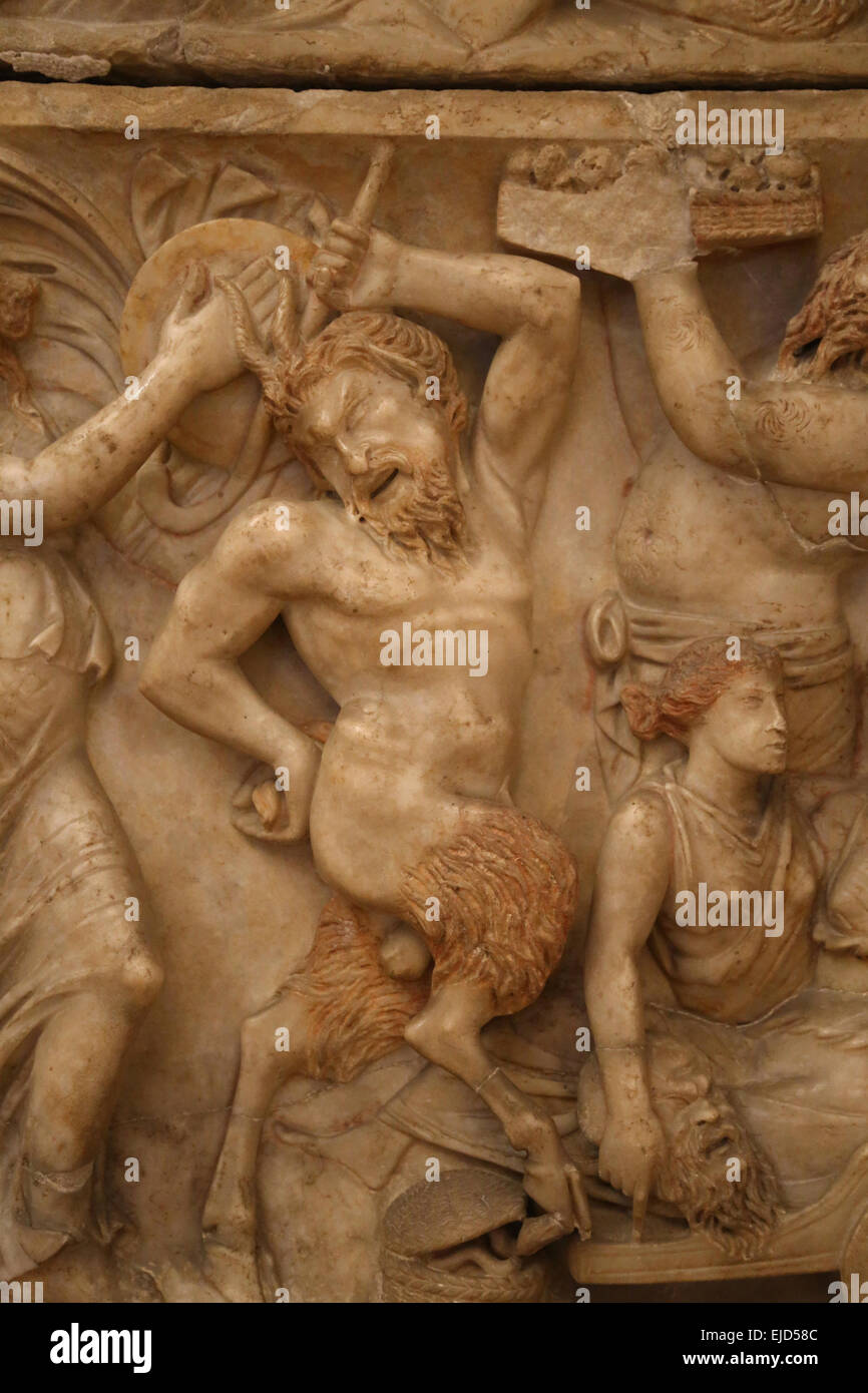 Roman art. Sarcophagus with Dionysian procession. Satyr. Detail. Capitoline Museums. Rome. Italy. Stock Photo