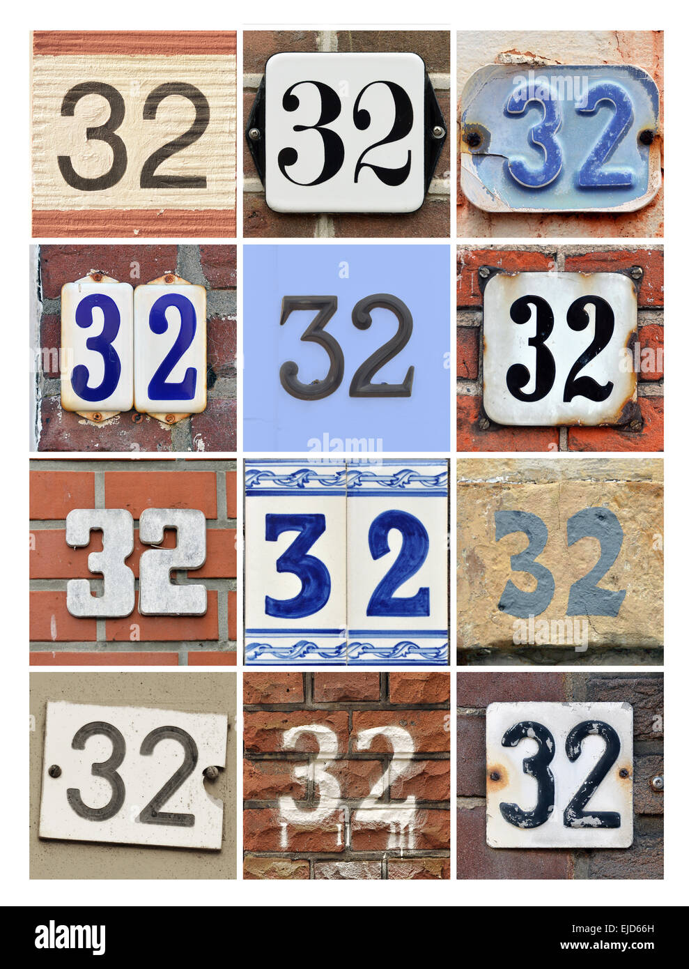 Numbers 32 - Collage of House Numbers Thirty-two Stock Photo