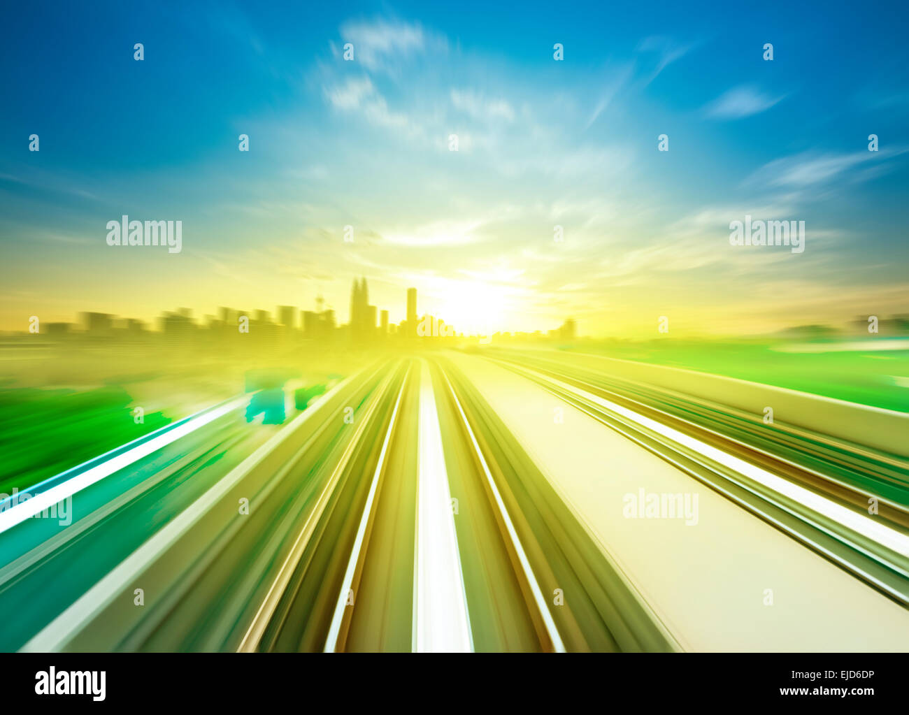 Sky Train moving fast towards Kuala Lumpur city center, Malaysia Stock