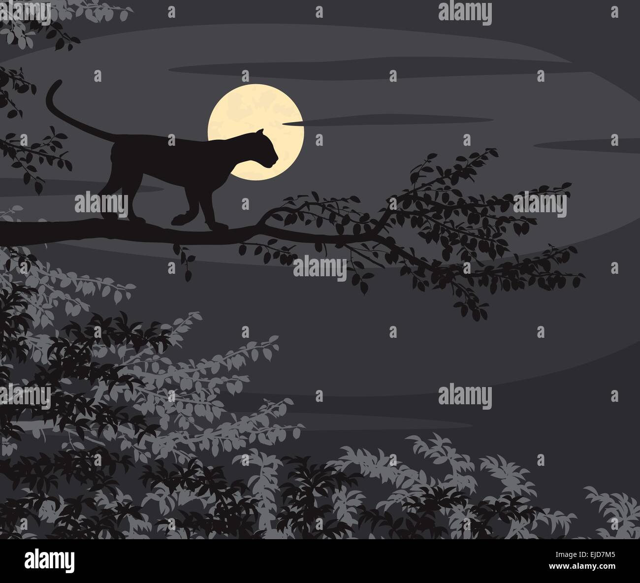 EPS8 editable vector cutout illustration of a leopard on a tree branch silhouetted against the moon at night Stock Vector