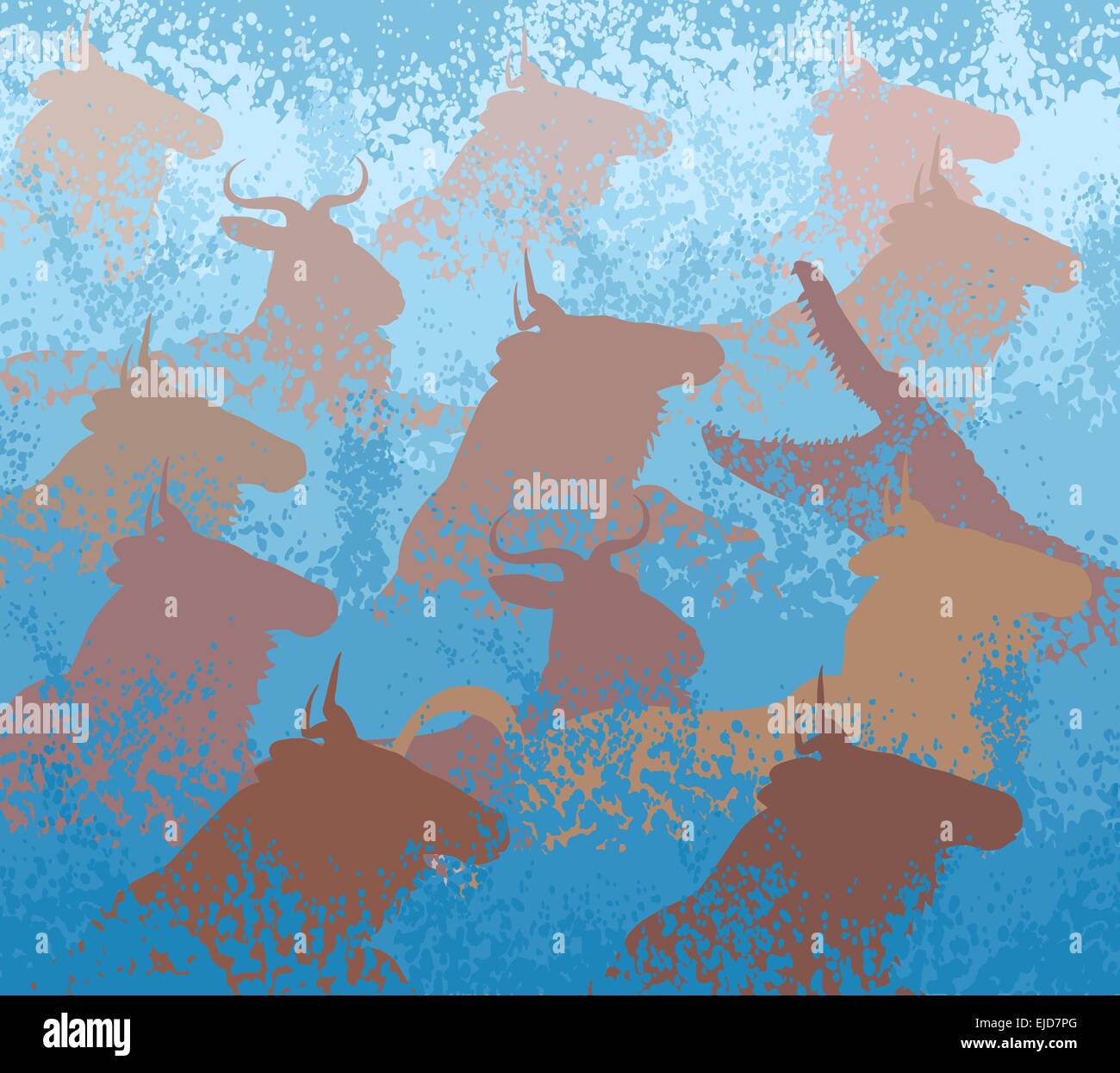 EPS8 editable vector cutout illustration of wildebeest on migration crossing a large river with a crocodile Stock Vector
