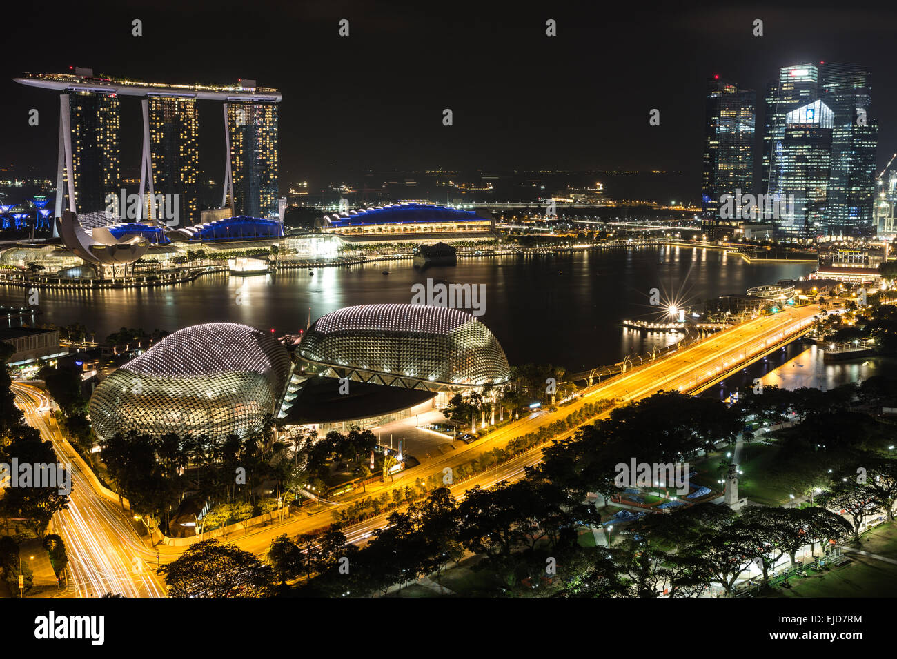 Singapore Night Skyline with the Esplanade, Marina Bay Sands and CBD Stock Photo