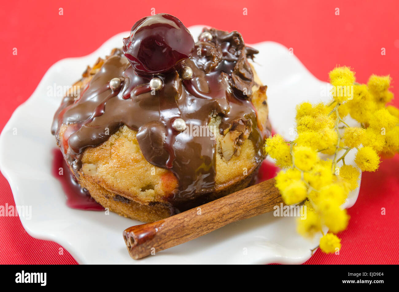 Chocolate muffin with a cherry on top put on a white plate decorated with a cinnamon stick and mimosa flowers Stock Photo