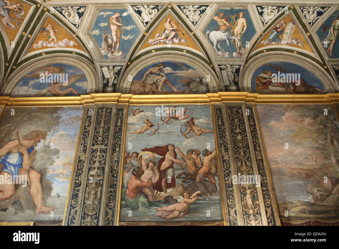 Triumph of Galatea. Fresco by Raphael at the Loggia of Galatea in the Villa Farnesina in Rome, Italy. Fresco Polyphermus (L) and lunettes by Sebastiano del Piombo and ceiling painting by Baldassarre Peruzzi are seen in the photo. Stock Photo