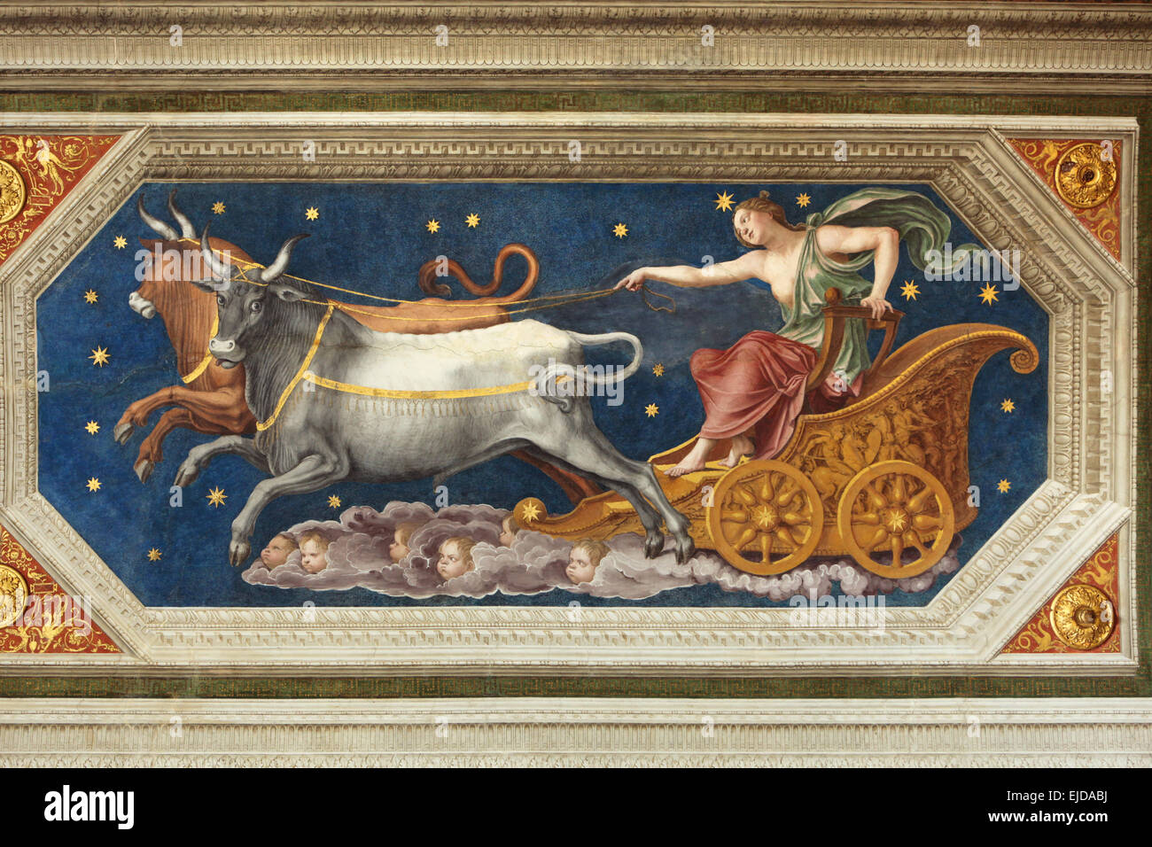Nymph Callisto on the Chariot. Fresco by Baldassarre Peruzzi at the Loggia of Galatea in the Villa Farnesina in Rome, Italy. Nymph Callisto is depicted on the Jupiter's Chariot of pulled by two bulls being transformed into the Great Bear constellation. Stock Photo