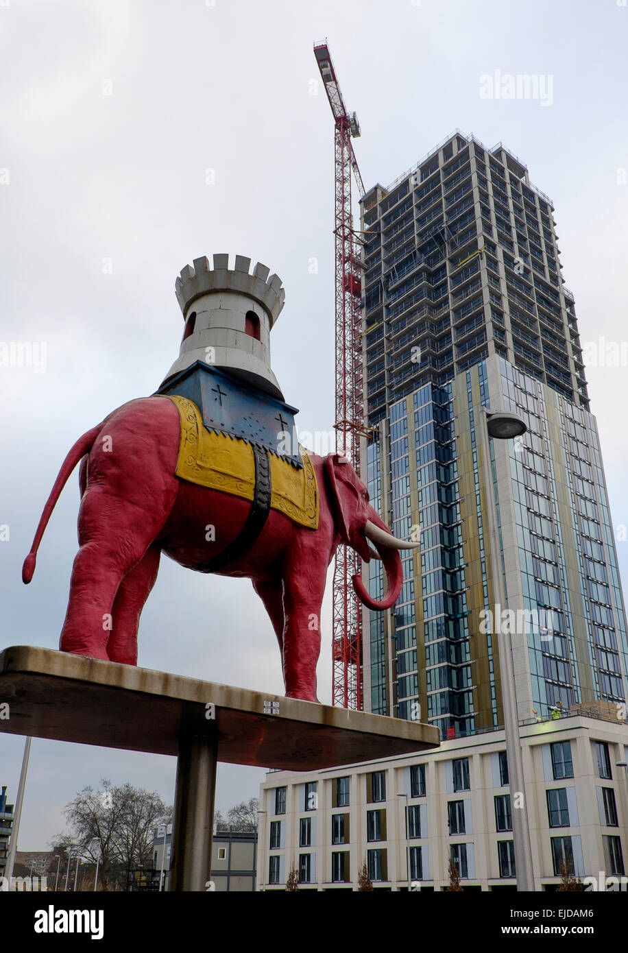 Elephant and Castle statue in shadow of new high rise development in