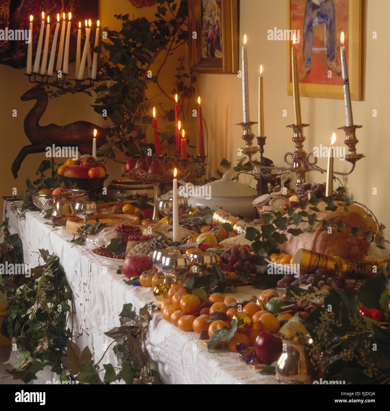 Table laid for Christmas banquet Stock Photo