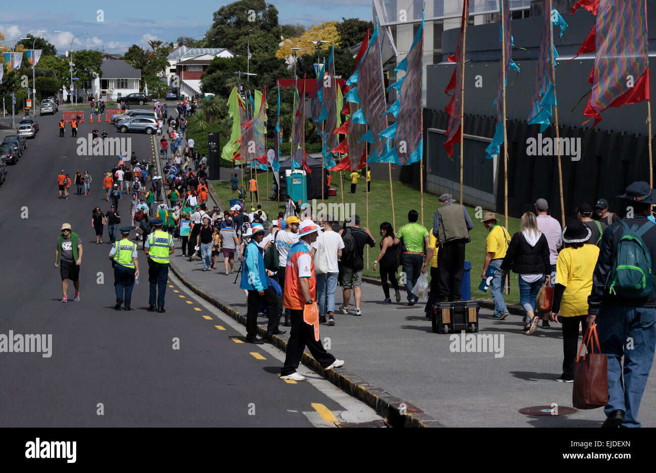 Auckland, New Zealand. 24th March, 2015. Cricket fans gather to the ICC Cricket World Cup 2015 at Eden Park Rugby Stadium to watch the Semi Final game One Day International ODI match between New Zealand and South Africa in Auckland, New Zealand on Tuesday, March 24, 2015. Stock Photo