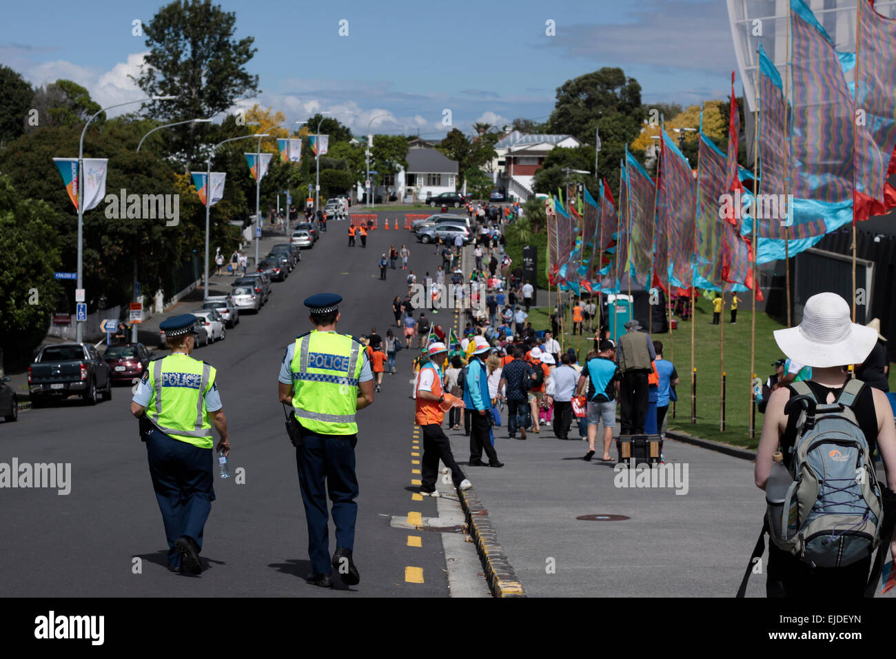 Auckland, New Zealand. 24th March, 2015. Cricket fans gather to the ICC Cricket World Cup 2015 at Eden Park Rugby Stadium to watch the Semi Final game One Day International ODI match between New Zealand and South Africa in Auckland, New Zealand on Tuesday, March 24, 2015. Stock Photo
