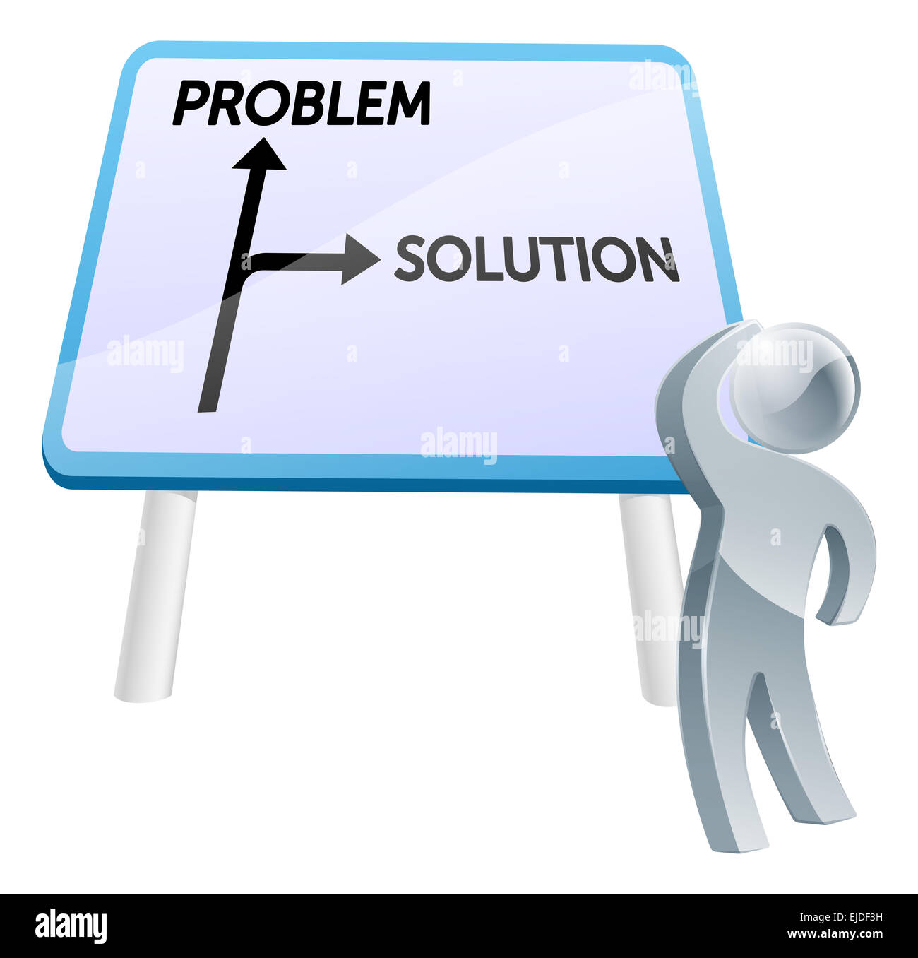 A man looking up at a direction road sign with the words problem and solution on it Stock Photo