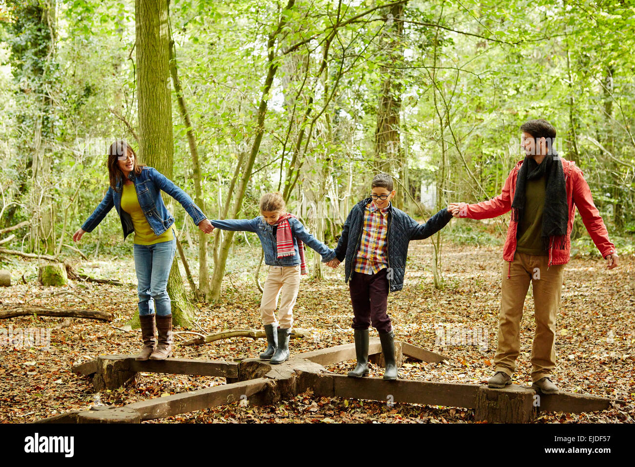 Beech woods in Autumn. A family of four people, two adults and two children. Stock Photo