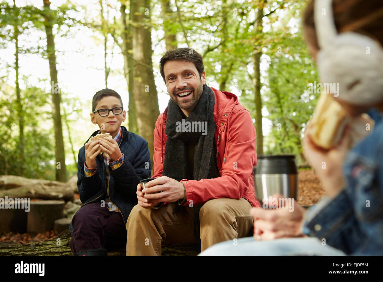 Beech woods in Autumn. Three people, a father and two children having a picnic. Stock Photo