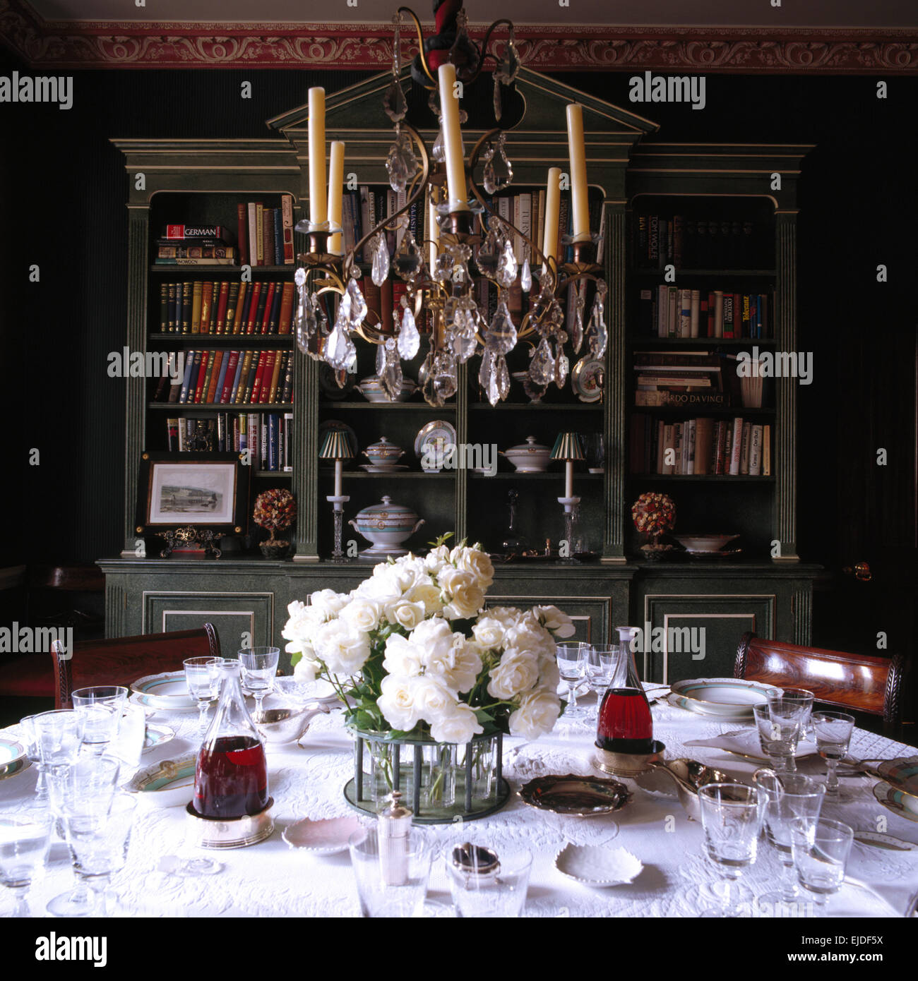 Antique Crystal Glass Chandelier Above Table Set For Lunch In Nineties Dining Room Stock Photo Alamy