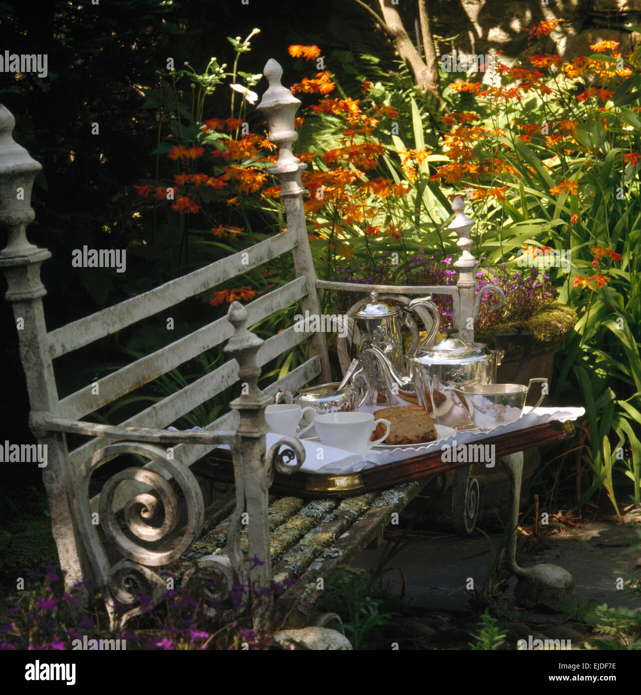 Tray with silver tea set on old metal bench in corner of country garden ...