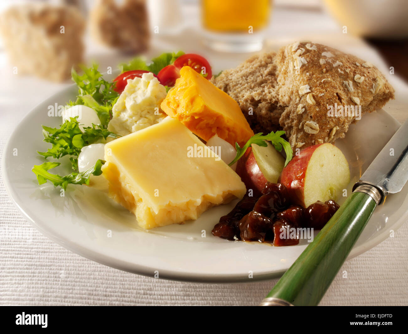 Traditional English cheddar cheese ploughman's lunch Stock Photo