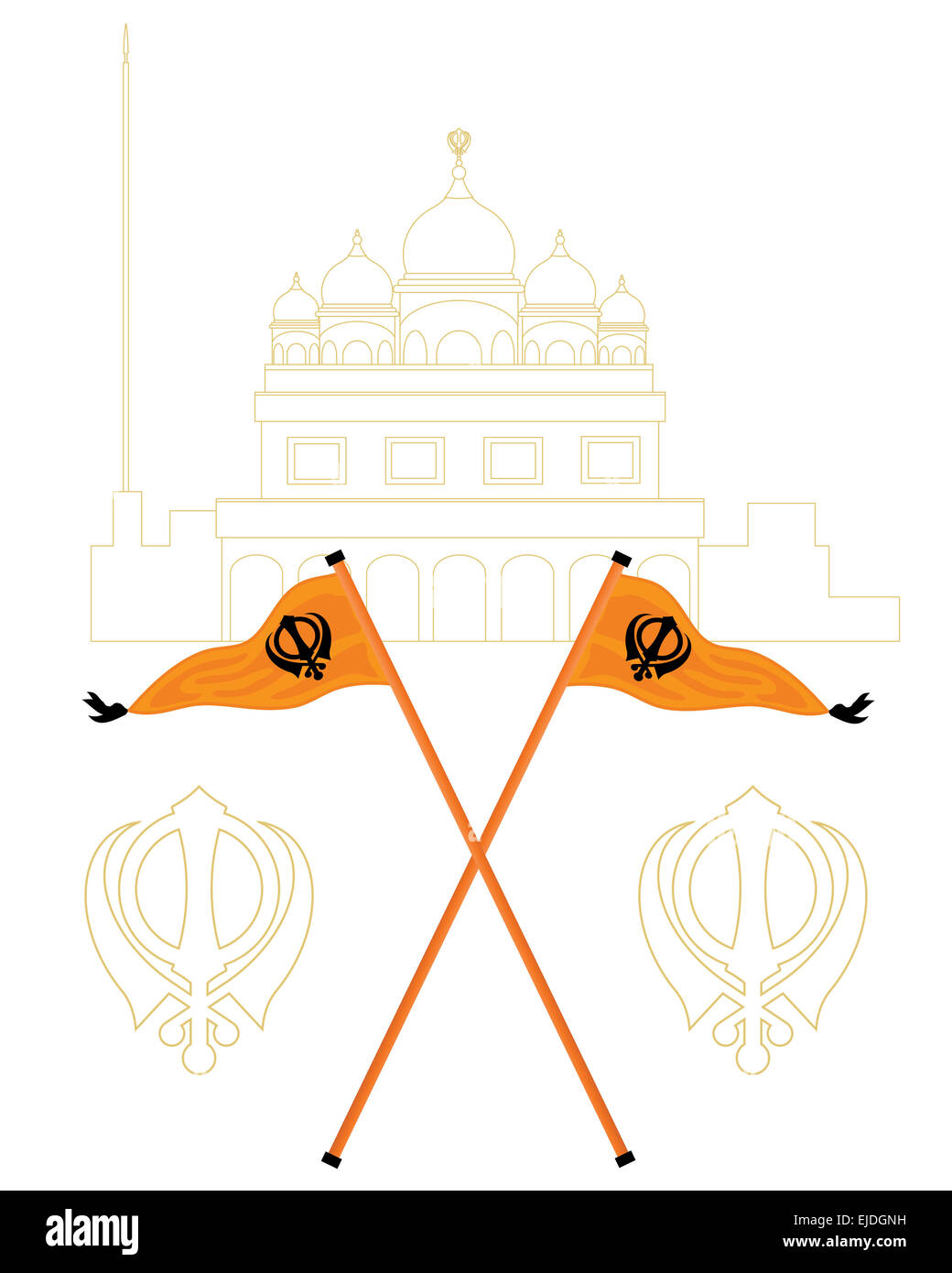 an illustration of an abstract white and gold gurdwara with the Sikh flags called nishan sahib in orange and black Stock Photo