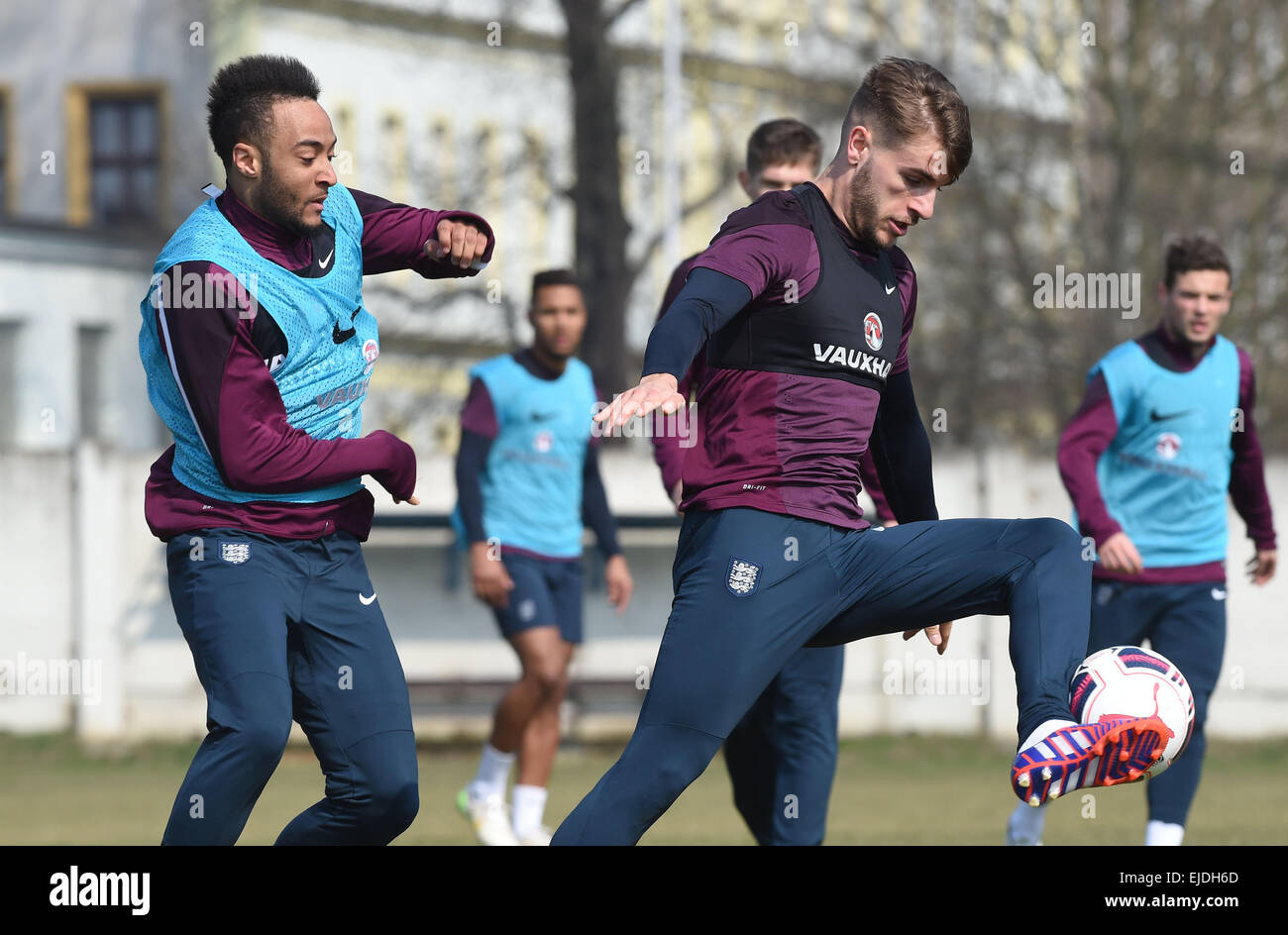 Olomouc, Czech Republic. 24th Mar, 2015. Nathan Redmond (left) and Luke Garbutt of England national U21 football team in action during the preparation training for European Championship in Olomouc, Czech Republic, March 24, 2015. Credit:  CTK/Alamy Live News Stock Photo