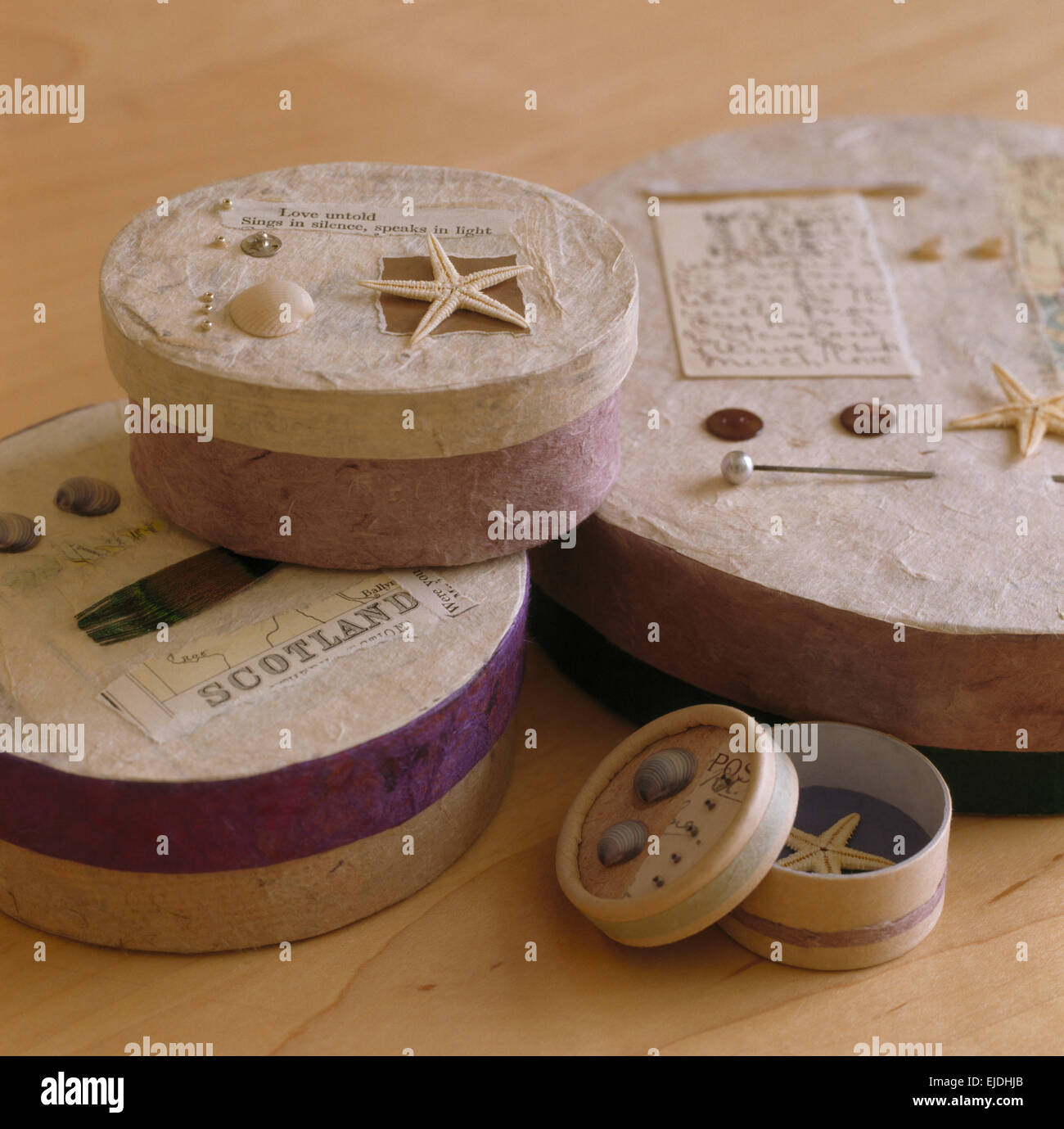 Close-up of small circular papier mache boxes Stock Photo
