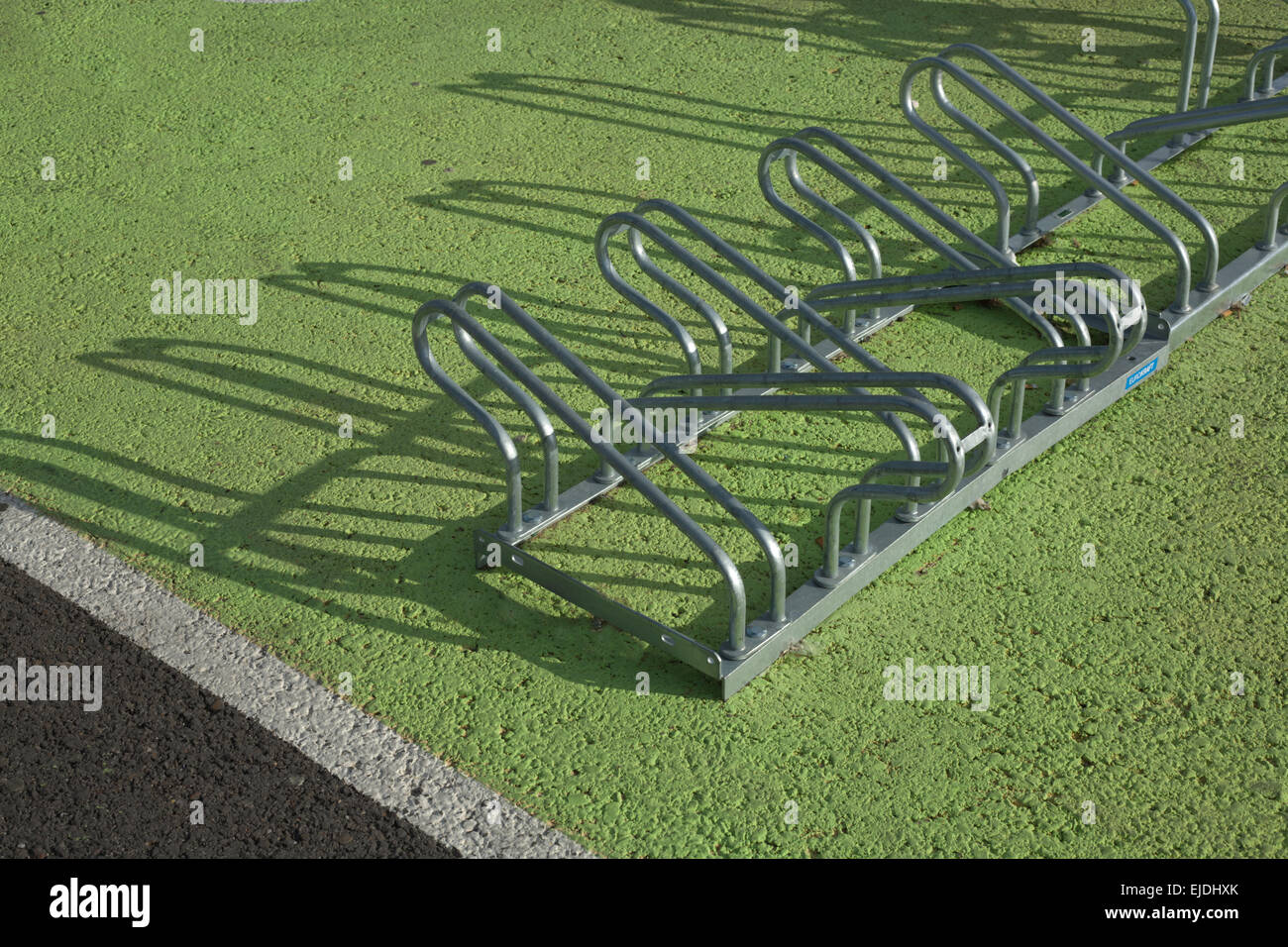 Stainless steel bicycle empty racks over green asphalt surface Stock Photo
