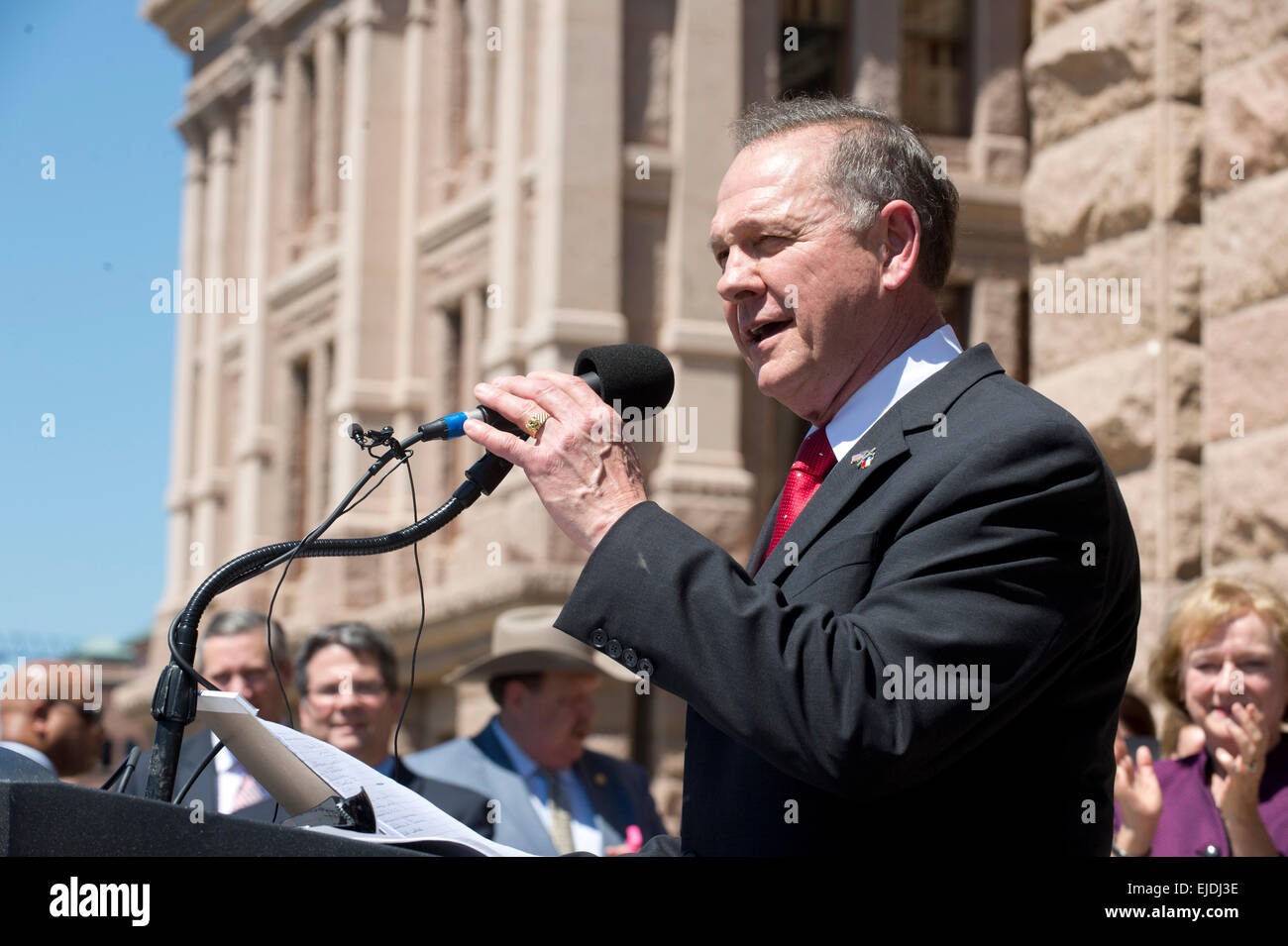 Austin, Texas, USA. 23rd March, 2015. Controversial  Alabama Supreme Court Chief Justice Roy Moore speaks at a rally of conservative Texas legislators opposing gay marriage at a Texas Capitol rally Monday.  Moore has told Alabama judges to ignore a recent federal court ruling allowing gay marriage in the state. Credit:  Bob Daemmrich/Alamy Live News Stock Photo