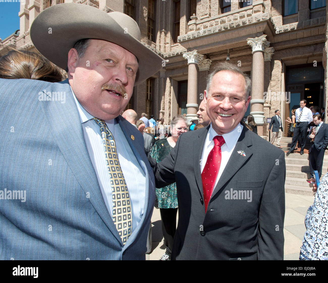 Austin, Texas, USA. 23rd March, 2015. Controversial  Alabama Supreme Court Chief Justice Roy Moore, r, poses with Texas Rep. Cecil Bell, Jr. at a rally of conservative Texas legislators opposing gay marriage at a Texas Capitol rally Monday.  Moore has told Alabama judges to ignore a recent federal court ruling allowing gay marriage in the state. Credit:  Bob Daemmrich/Alamy Live News Stock Photo