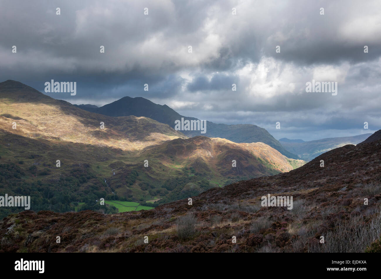 Beautiful mountainous scenery in Snowdonia, North Wales. Hills and mountains near Beddgelert. Stock Photo