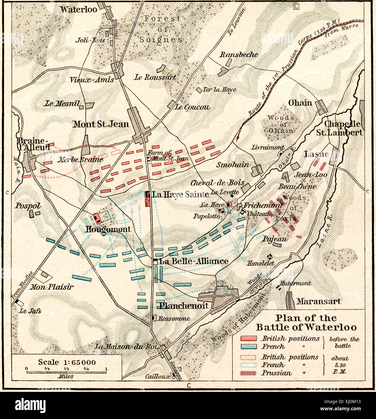 Plan of the Battle of Waterloo, June 16-18, 1815.  From Historical Atlas, published 1923. Stock Photo