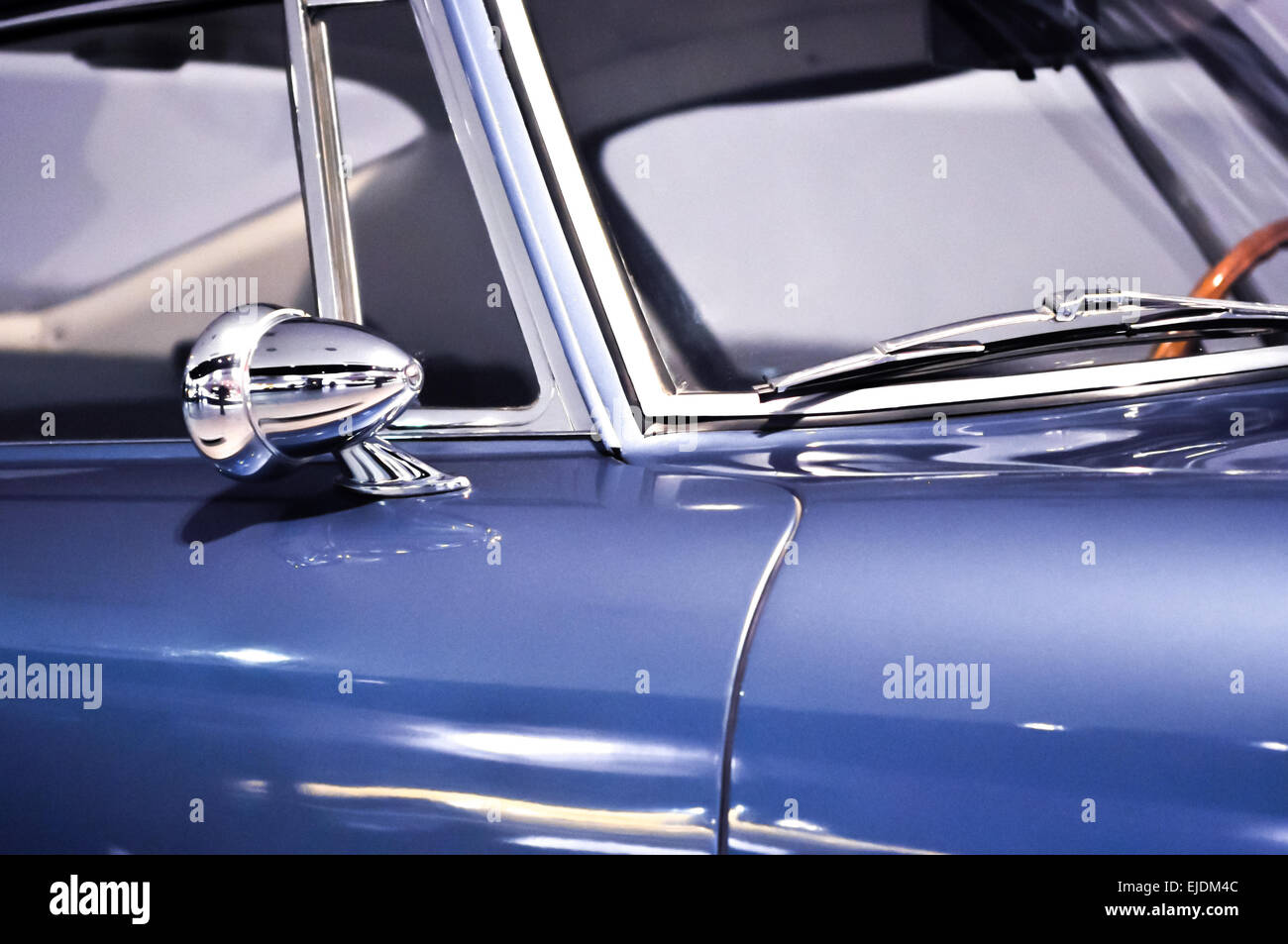 rear view mirror and car wipers on blue oldtimer Stock Photo