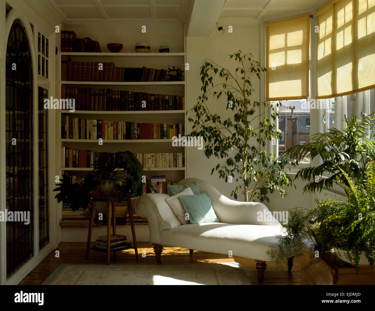 Houseplants and white chaise longue in eighties living room Stock Photo