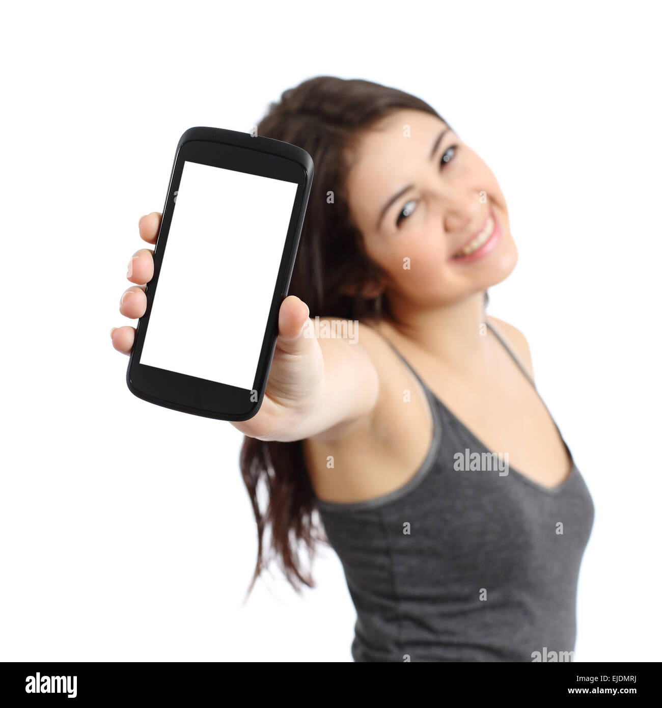 Happy promoter girl showing a blank smart phone screen isolated on a white background Stock Photo