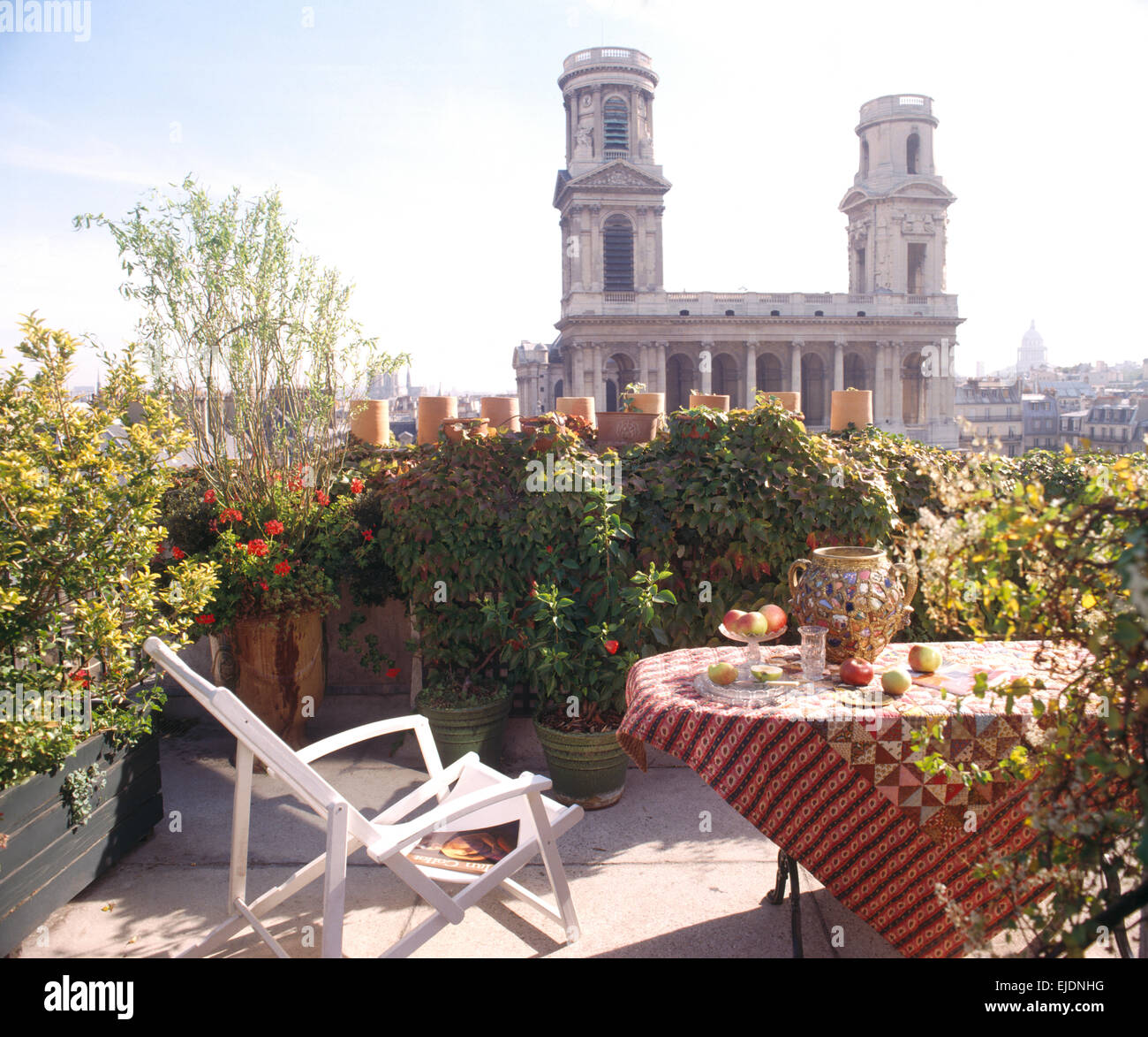Roof garden in Paris with view over city. Stock Photo