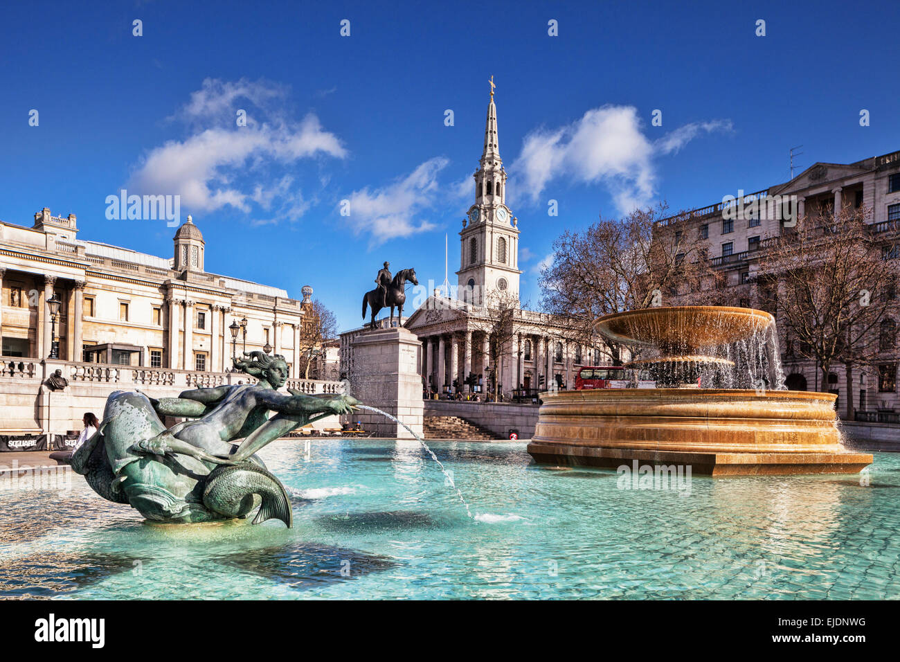 Trafalgar Square, London, with the Church of St Martin in the Fields, and the statue of George IV. Stock Photo