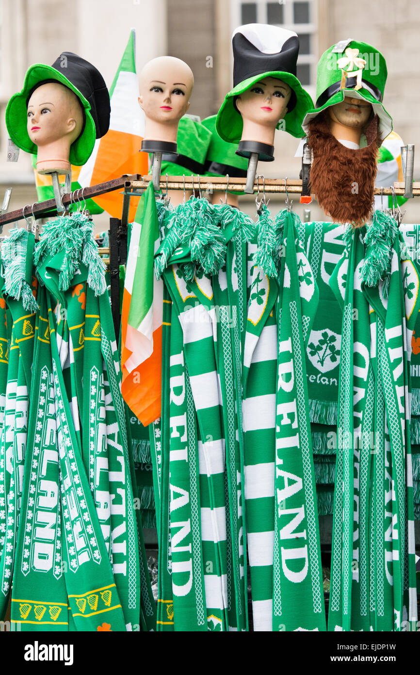 Souvenir Irish hats and scarves on sale in Dublin on St Patrick's day Stock Photo