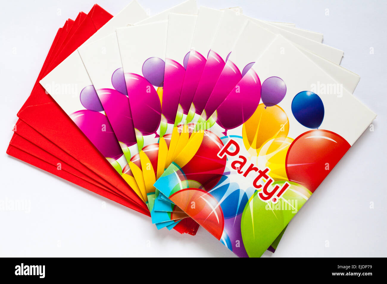 Party invitations with red envelopes set on white background Stock Photo