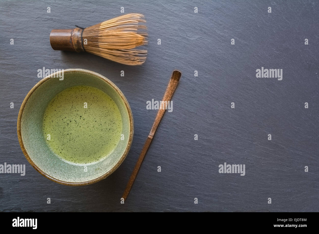 Bowl of Matcha with a Chasen and a Chashaku Stock Photo