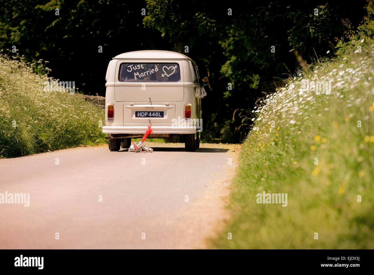 Volkswagen Camper bus with just married in the window being driven away with cans tied to the back bumper. Stock Photo