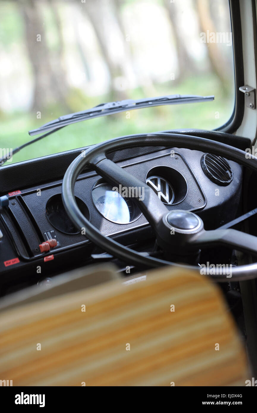 A view of the steering wheel on a Volkswagen Camper bus in East Sussex UK. Stock Photo
