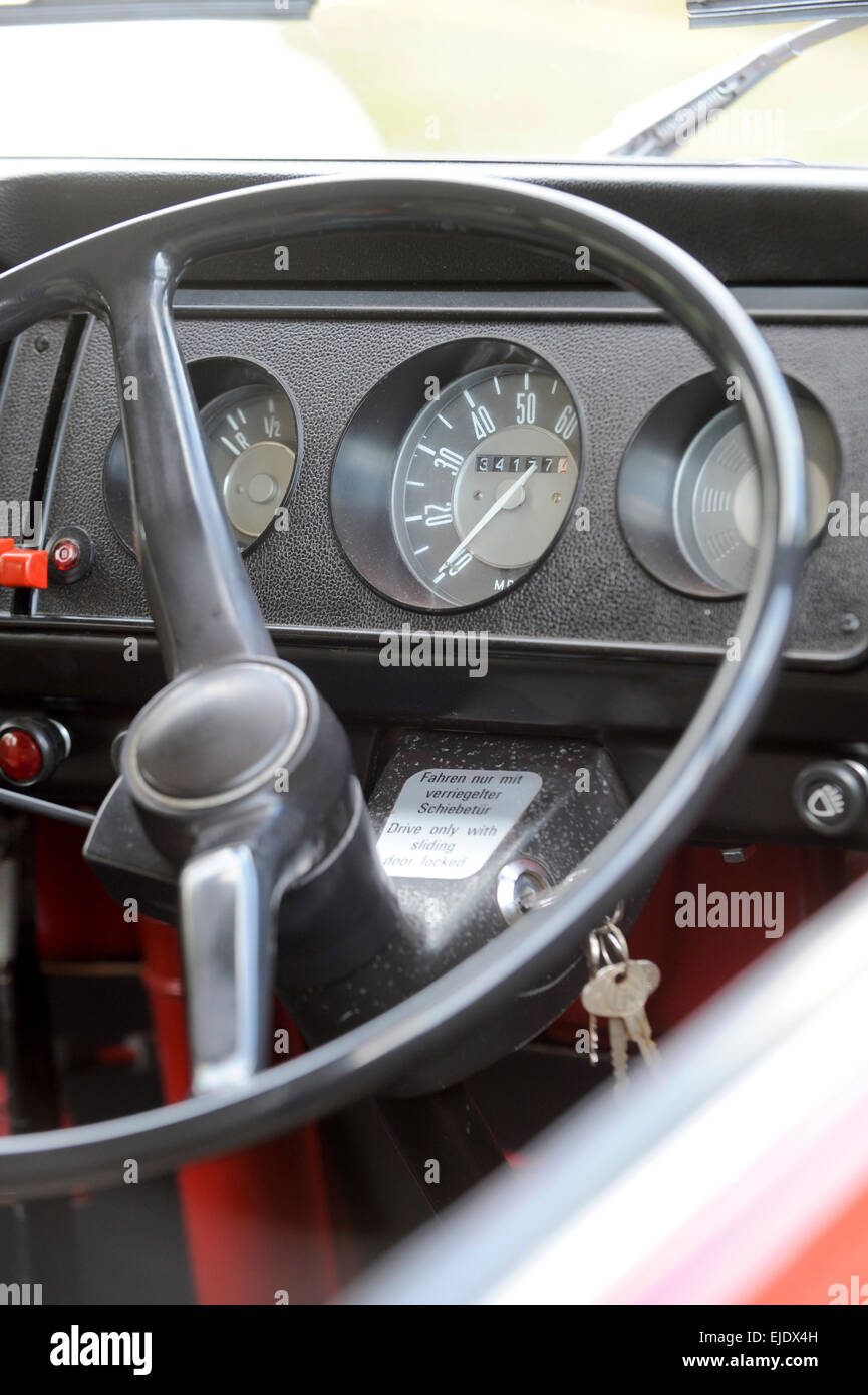 A view of the steering wheel on a Volkswagen Camper bus in East Sussex UK. Stock Photo