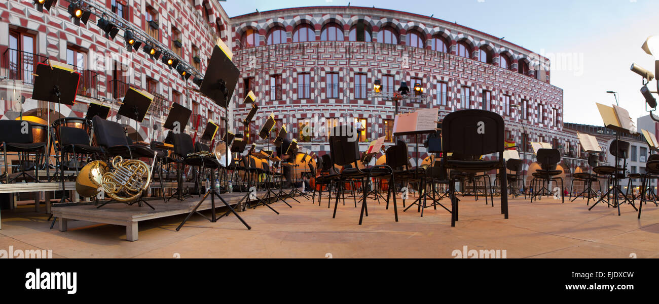 Classical Music instruments over stage, before performs at the Hight Square of Badajoz, Spain Stock Photo