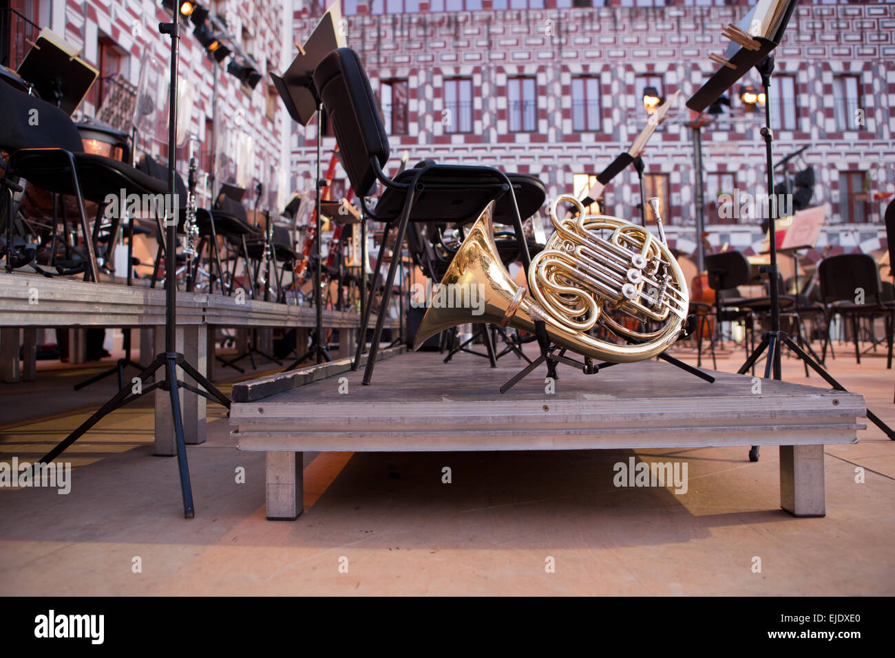 Classical Music instruments over stage, before performs at the Hight Square of Badajoz, Spain Stock Photo