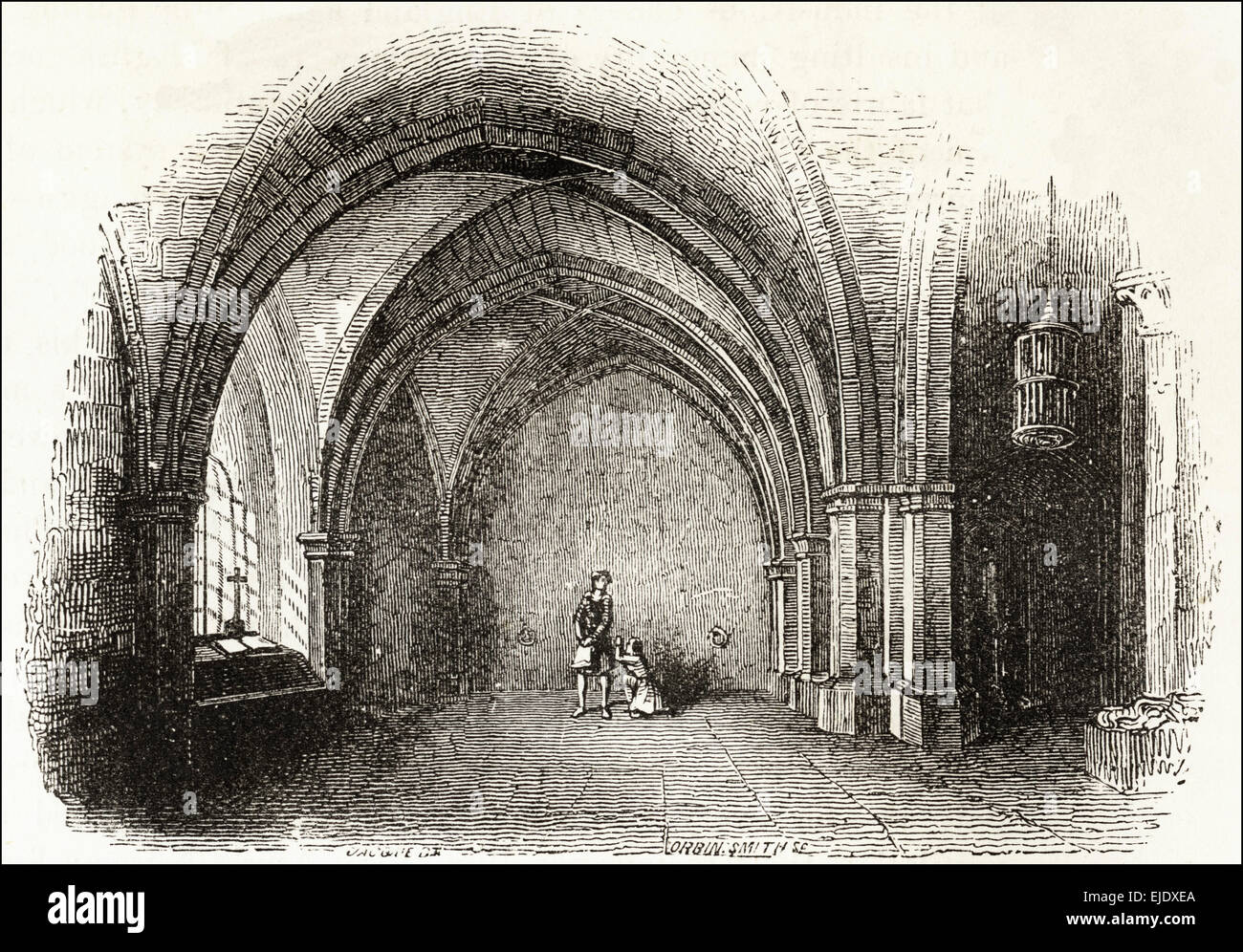 Vaulted ceiling of 12th century English chapel. Victorian woodcut engraving circa 1845. Stock Photo